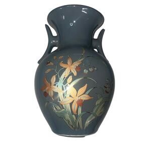 Vintage Shaddy Japan Large Gray Vase Orange Cattleya Orchids Flowers & Gold Trim
